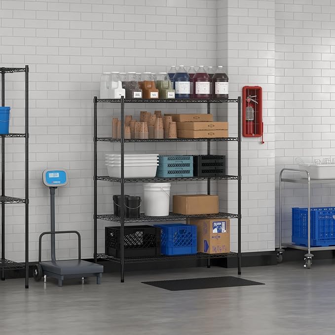 Commercial NSF Listed Black Epoxy Stationary Wire Shelving Kit 24" x 48" x 64", with 5 Shelves Perfect for Warehouse, Walk-in Refrigerator, Freezer, Grocery Store, Restaurant, Dishroom