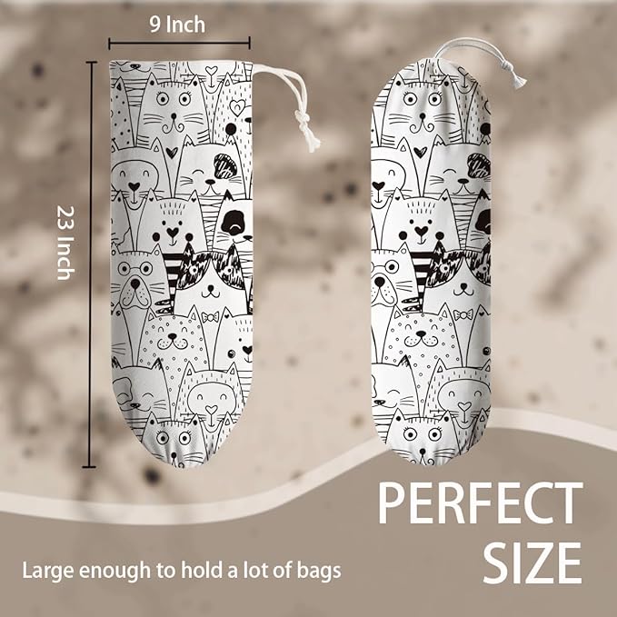 Cartoon Cats Plastic Bag Holder, Reusable Washable Shopping Bags Storage Carrier, Animal Prints Fabric Garbage Trash Bag Dispenser for Home Kitchen Pantry Cabinet, Wall Mount, Gifts for Women