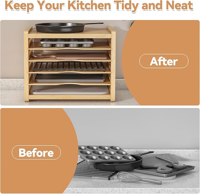 tonchean Wooden Cabinet Tray Dividers 6 Tier Baking Cookie Sheet Organizer Kitchen Vertical Tray Divider Organizer for Pots, Cutting Board, Pans, Kitchen Organizers and Storage