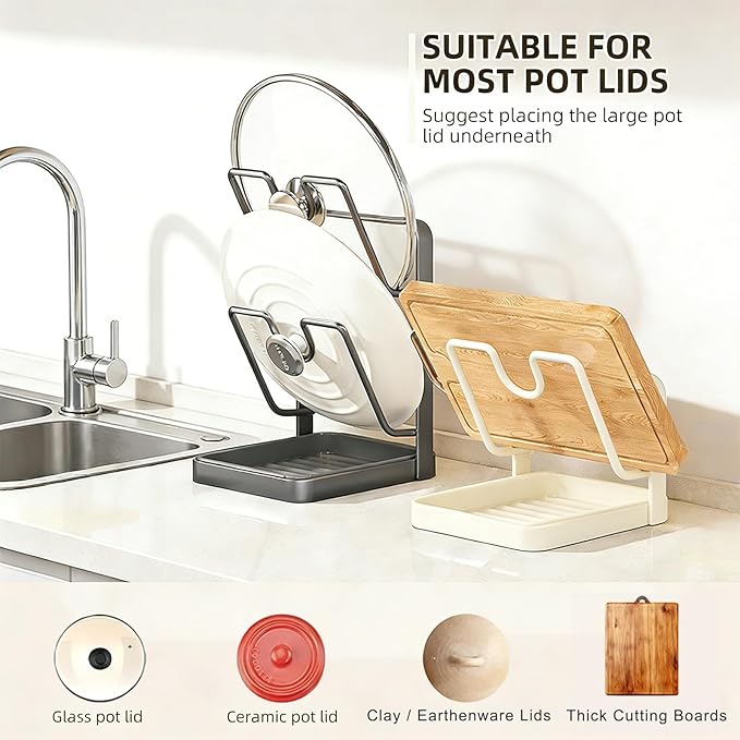 Kitchen Pot Lid Organizer Countertop - Carbon Steel Spoon Rest, Cutting Board Holder with Drip Tray, Rust-Resistant Farmhouse Storage Rack (A-Gray Double-layer)