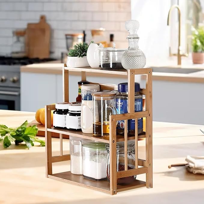 Bamboo Shelves, 15x7.5x16.5 Inch 3-Tier Wooden Spice Rack, With Adjustable Shelf Kitchen Countertop Organizer, Easy Installation Kitchen Counter Shelf for Dining Room Countertop Organizer