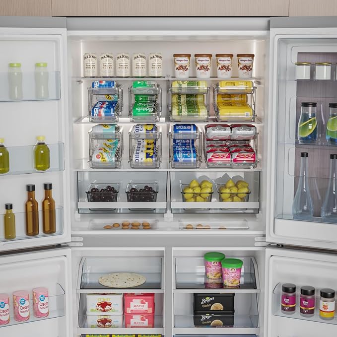 Xicennego Set of 4 Adjustable Soda Can Organizer for Refrigerator, Cabinets, Countertops, Beverage Can Dispenser for Fridge, for Standard Cans, Skinny Cans, And Tall Cans (Clear)