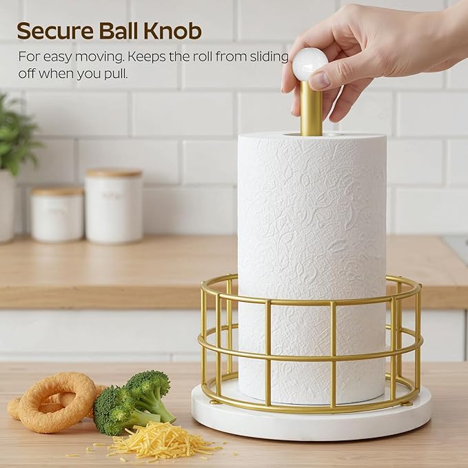 Paper Towel Holder, Kitchen Paper Towel Holder for Countertop, Gold Paper Towel Stand with Wooden Base, Freestanding Kitchen Roll Holder, for Standard Size Rolls, Gold CJ05DW