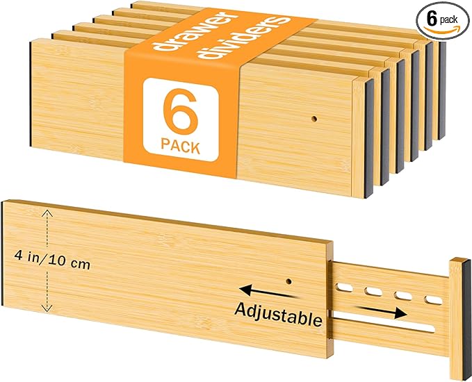 Bamboo Drawer Dividers 4" High, 12.8-18" Adjustable Drawer Organizers for Clothes,Expandable Dresser Separators in Bedroom/Kitchen/Bathroom/Office Organization and Storage,6 Pack