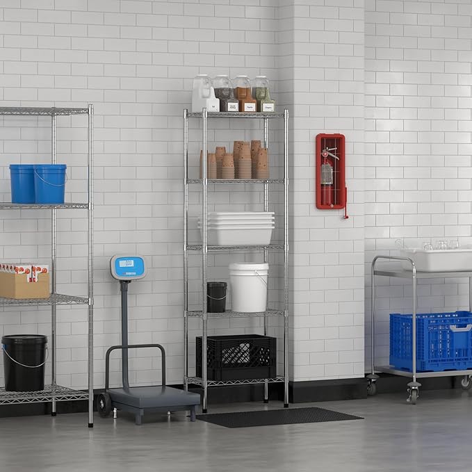 Commercial NSF Listed Chrome Stationary Wire Shelving Kit 12" x 24" x 74", with 5 Shelves Perfect for Warehouse, Walk-in Refrigerator, Freezer, Grocery Store, Restaurant, Dishroom