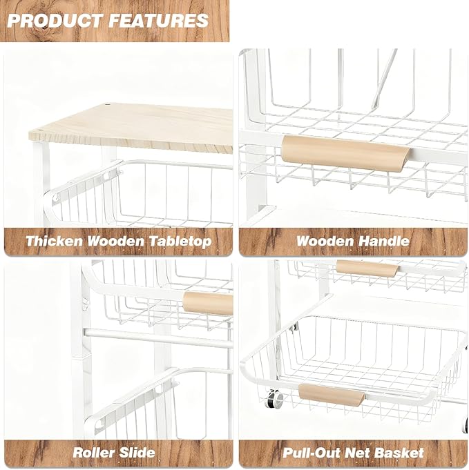 4-Tier Fruit Basket for Kitchen Counter Utility Organizer Carts on Wheels&Wood Top with Storage, Rolling Kitchen Cart for Pantry, Living Room (White)