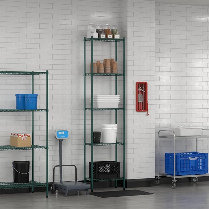Commercial NSF Listed Green Epoxy Stationary Wire Shelving Kit 12" x 24" x 96", with 5 Shelves Perfect for Warehouse, Walk-in Refrigerator, Freezer, Grocery Store, Restaurant, Dishroom