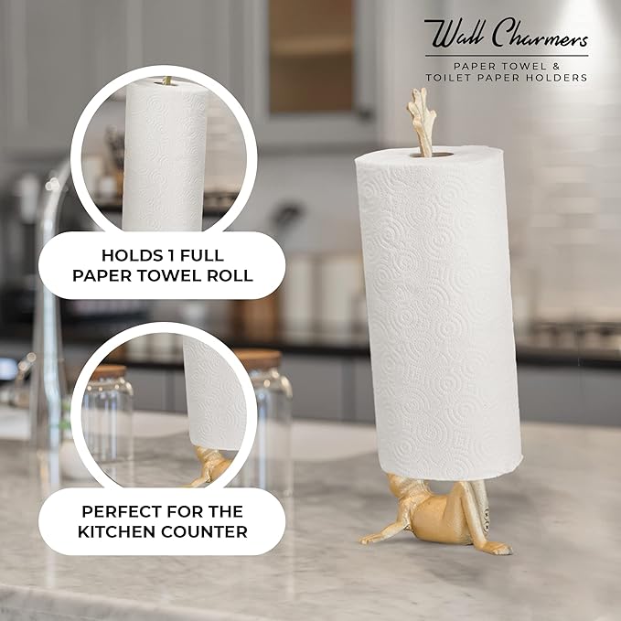 WallCharmers Gold Paper Towel Holder, Metal Toilet or Kitchen Paper Holder for Floor or Countertop, Gold Frog