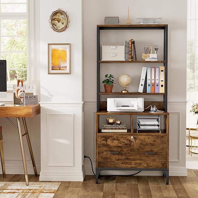 Homieasy File Cabinet with Charging Station, Vertical Filing Cabinet with Lock & Large Drawer, Printer Stand with Storage Shelves, Office Storage Cabinet fits Letter/A4/Legal Size, Rustic Brown