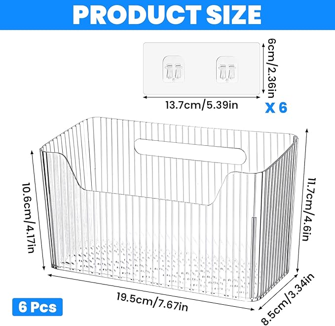 JIEYAO 6 PCS Adhesive Cabinet Door Organizers, Clear PET Storage Caddy with Hooks No Drill Wall Mount Wrap Holders Organizer for Kitchen Bathroom Office 7.7 x 3.3 x 4.6 inches