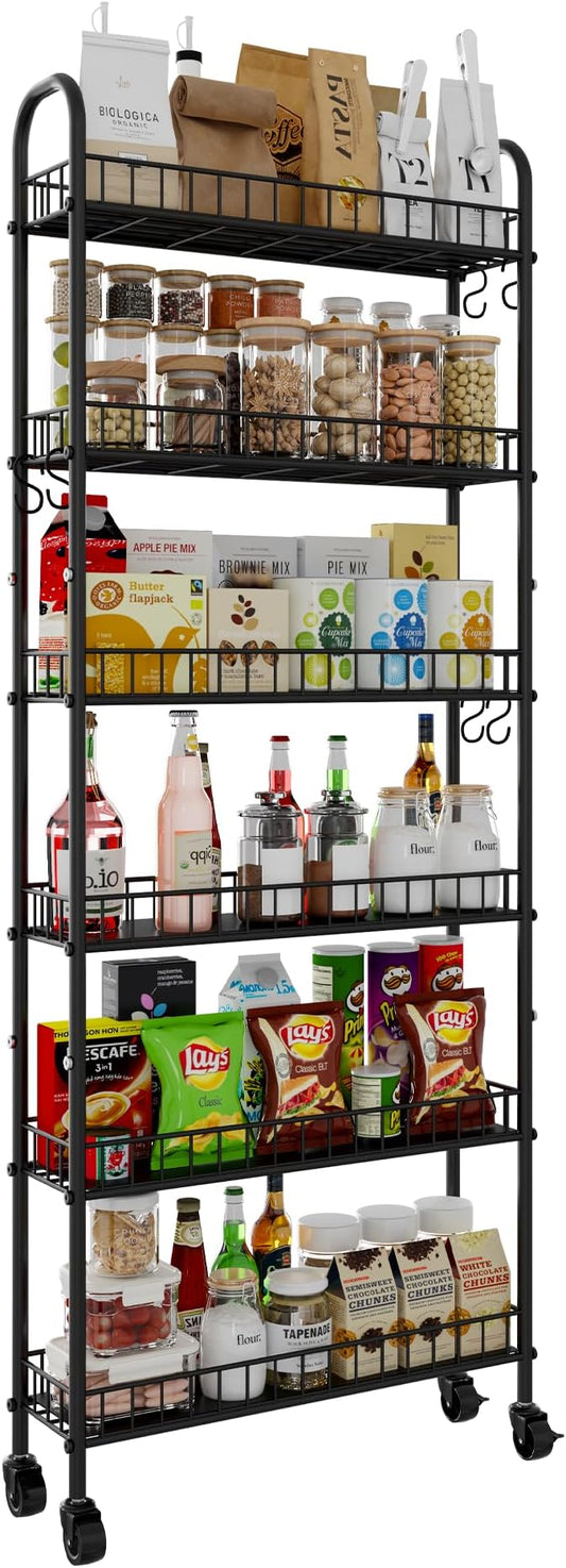 6 Tier Slim Rolling Cart with Wheels, Metal Mobile Shelving Unit Cart, Rolling Utility Carts with Storage for Kitchen, Bathroom, Pantry, Small Spaces (6 Inches-Black)