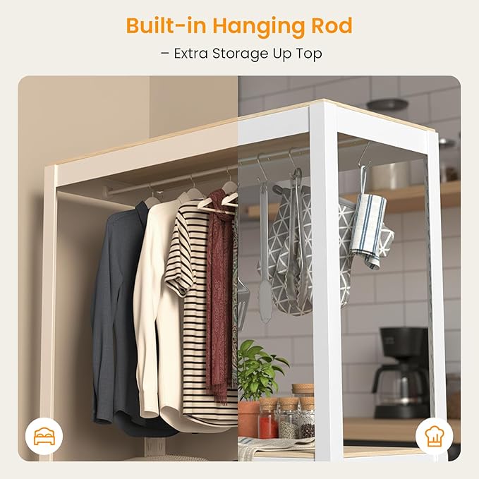 4 Tier Metal Shelves Unit, Adjustable Pantry Organizers and Storage Shelves, Shelving Unit for Closet with Clothes Rod, Storage Rack for Pantry, Laundry, Kitchen - White & Wood Color