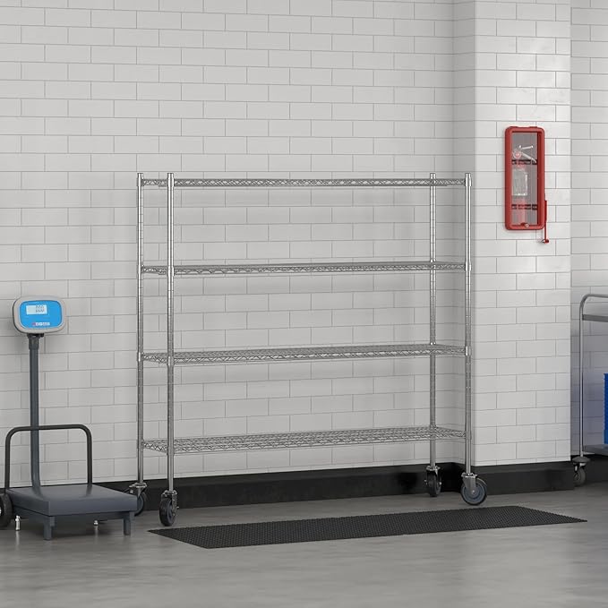 Commercial NSF Listed Chrome Mobile Wire Shelving Kit 14" x 60" x 60", with 4 Shelves Perfect for Warehouse, Walk-in Refrigerator, Freezer, Grocery Store, Restaurant, Dishroom
