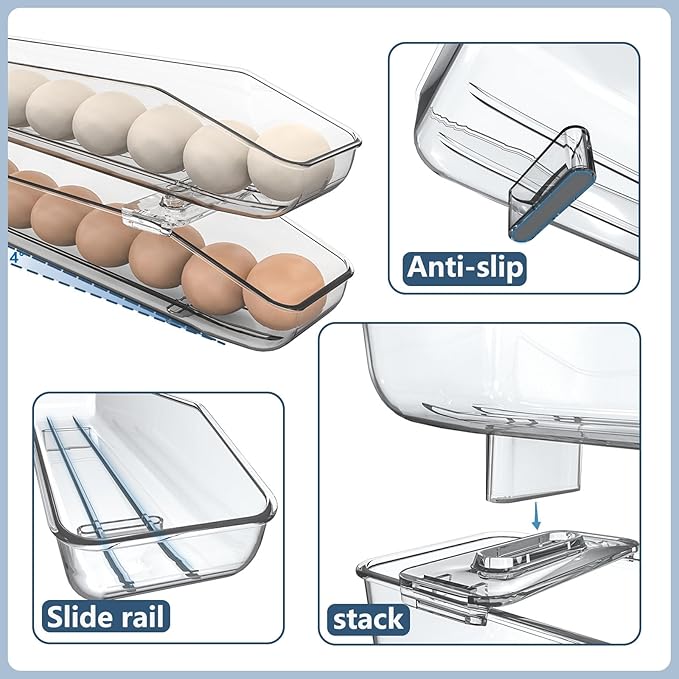 CHANCETSUI Egg Storage Container Organizer Pack of 2- Egg Holder for Refrigerator, Clear Plastic Egg Fresh Storage Box, stackable Eggs Tray for Kitchen Organizers and containers
