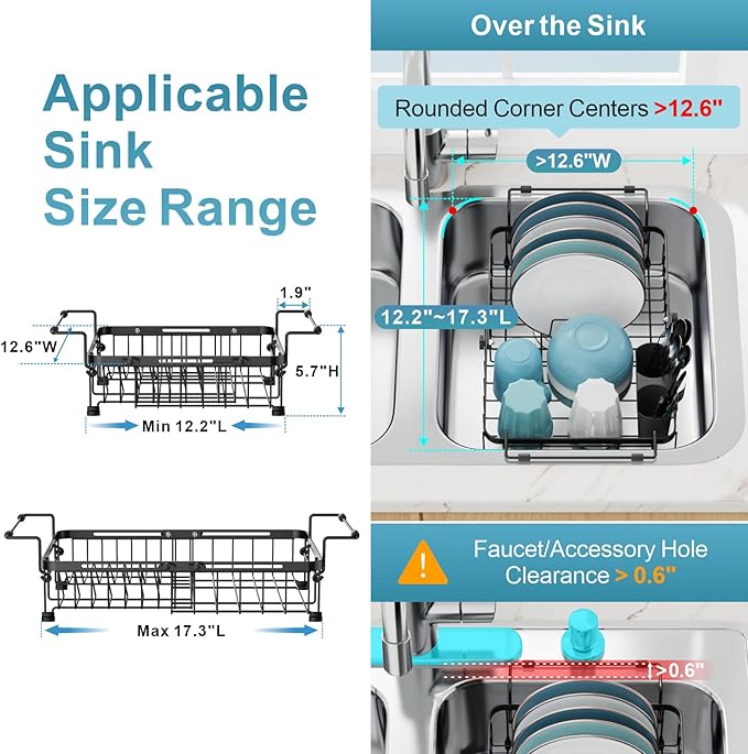 GSlife Over The Sink Dish Drying Rack - Capacity Expandable in Sink Dish Drying Rack with Lock Knob and Utensil Holder, 12.2"-17.3" L x 12.6" W, Black