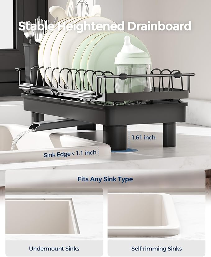 Nacial Small Dish Drying Rack with Utensil Holder, Expandable Dish Rack Over Sink with Auto-Drain Tray, Compact Dish Drainer for Kitchen Counter, Stainless Steel Dish Rack Fits 14''–21.8'' Sink, Black