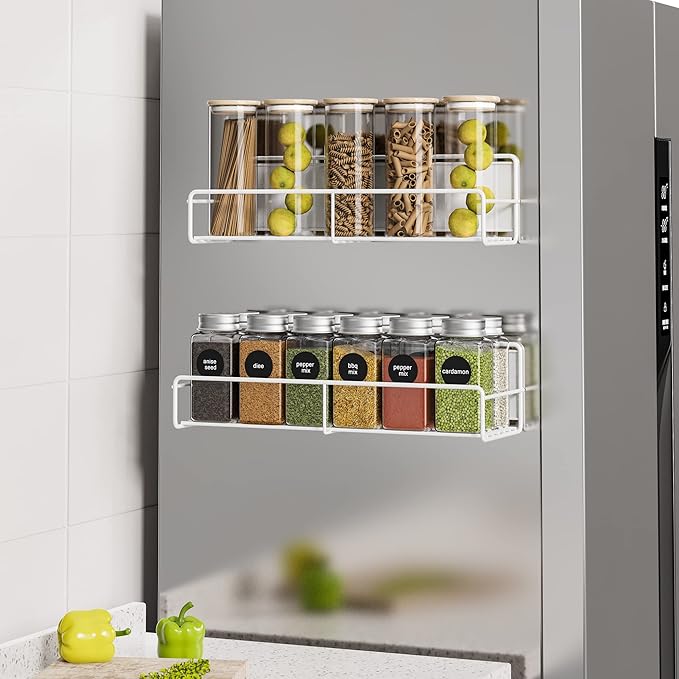 Mystozer 2 Pack White Magnetic Spice Rack Organizer, Space Saver for Refrigerator and Whiteboard, Metal Fridge Shelf for Kitchen and Classroom