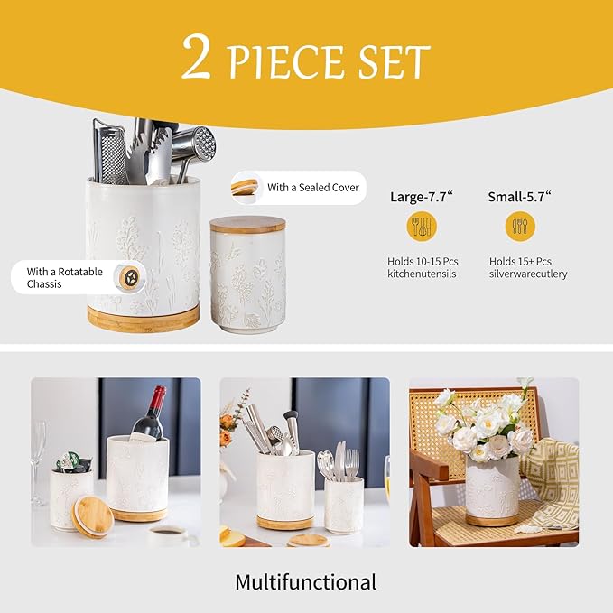 TEATALK Utensil Holder Set of 2, 7.7"+5.7" Ceramic Kitchen Utensil Holder for Countertop, Farmhouse Vintage Utensil Crock for Cooking Utensils, Large Utensil Organizer (Flower Butterfly)