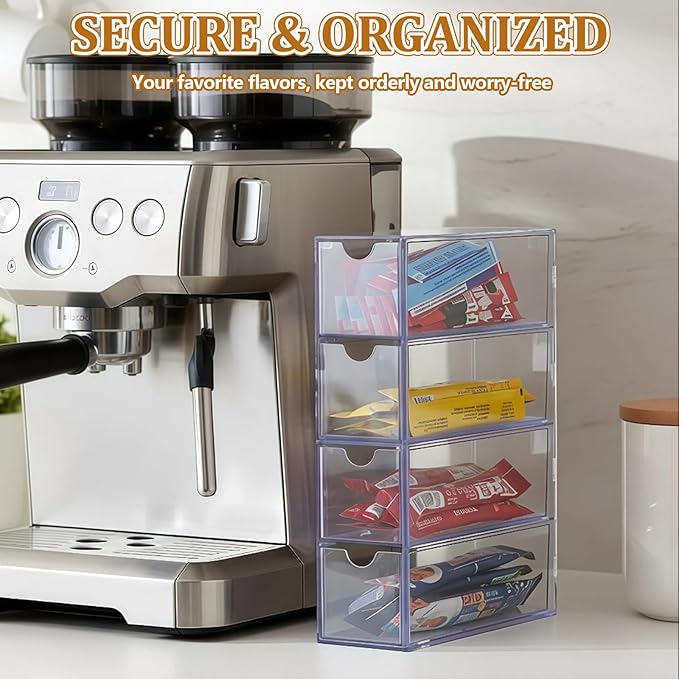 Drink Packet Organizer, Water Packet Holder with 4 Clear Drawers, Clear Acrylic Drink Mix Holder, Kitchen Storage Organizers for Kitchen Bins Cabinets Organizer