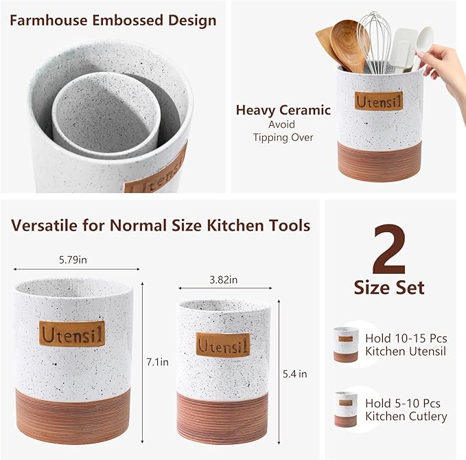 Utensil Holder, 7.1"+5.4" Ceramic Kitchen Utensil Crock for Counter, Farmhouse Cooking Utensil Organizer for Spatula Spoon Silverware Vintage Kitchen Decor Accessories Set of 2, White