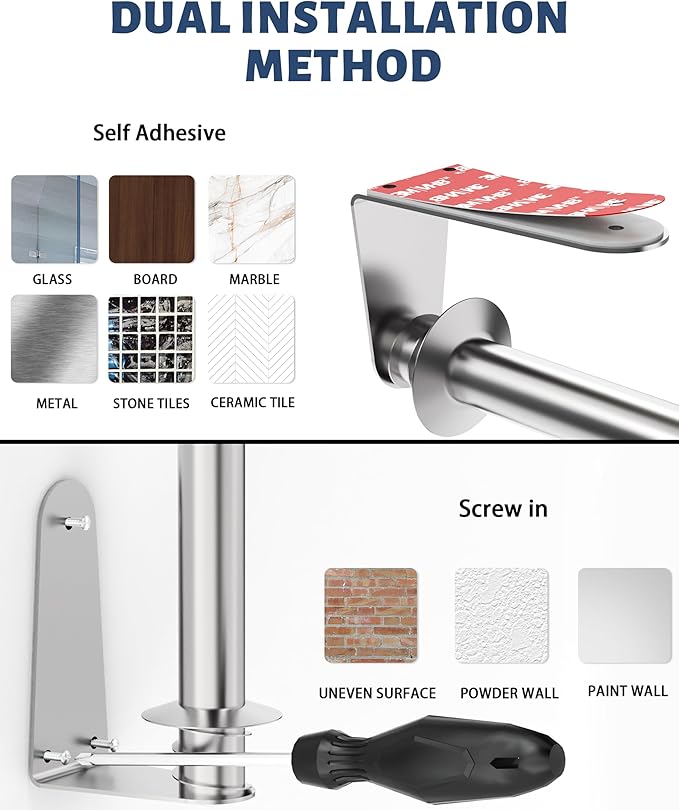 Paper Towel Holder Under Cabinet Adhesive or Wall Mounted Easy Tear One Hand Stainless Steel Fit Rolls(Silver)