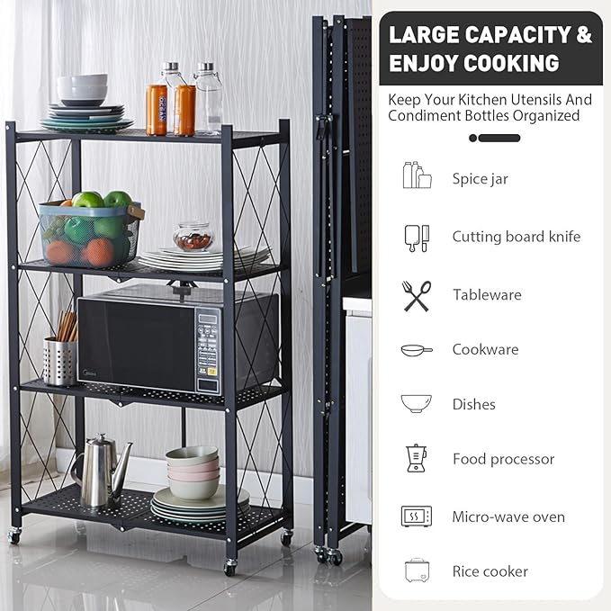 Foldable Storage Shelves with Wheels, Folding Shelving Units Storage, Heavy Duty Metal Collapsible Shelf No Assembly, Large Capacity Pop-Up Organizer for Garage,Kitchen,Living Room, 4-Tier Black