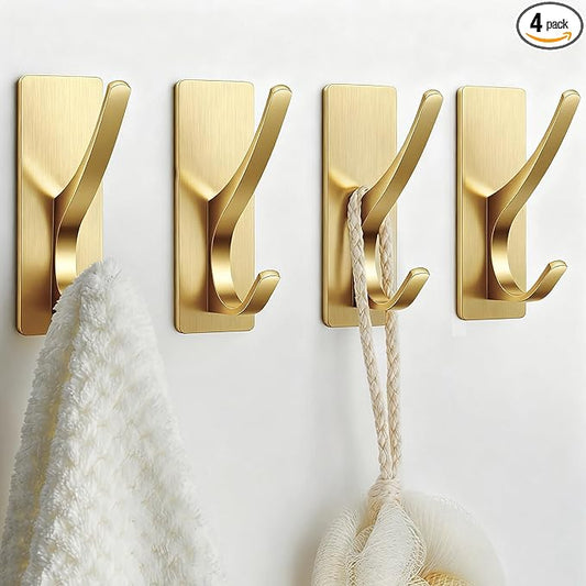 Josmimic Gold Self Adhesive Towel Hooks, Extra Sticky and Strong 10LB, Stainless Hook for Bathroom, 4 Pack