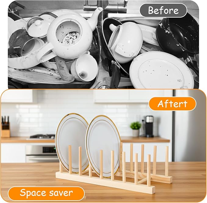 4PCS Wooden Dish Rack, Kitchen Cabinet Plate Lid Organizer Vertical Wooden Dish Drying Rack for Dish Pots Lids Cutting Boards Bowls Cups Canvas Prints Artwork Books(8 Slots)