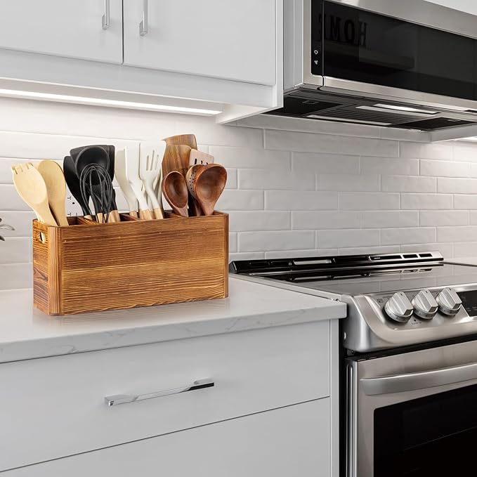 Extra Large Farmhouse Utensil Holder for Kitchen Counter, Large Wooden Utensil Holder with 4 Compartments
