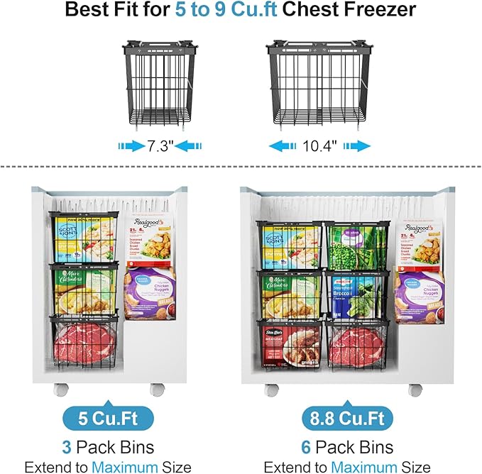 iSPECLE Freezer Organizer Bins - Fit 5 to 9 Cu.Ft, 6 Pack Adjustable & Extra Large Chest Freezer Organizer Bins for Deep Freezer, Easy Organize Basket Store More, Stackable No Wasted Space, Black
