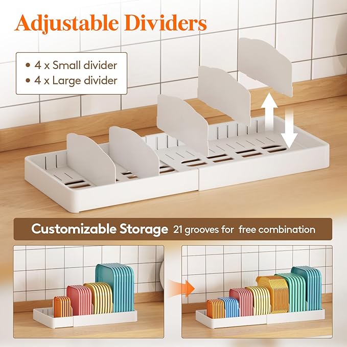 Lifewit Plastic Adjustable Lid Organizers Inside Cabinet, Extra Large Expandable 13-24" Lid Holder with 8 Dividers & 9 Compartments for Kitchen Organization, Plate, Bowl Organizer for Tall Drawer