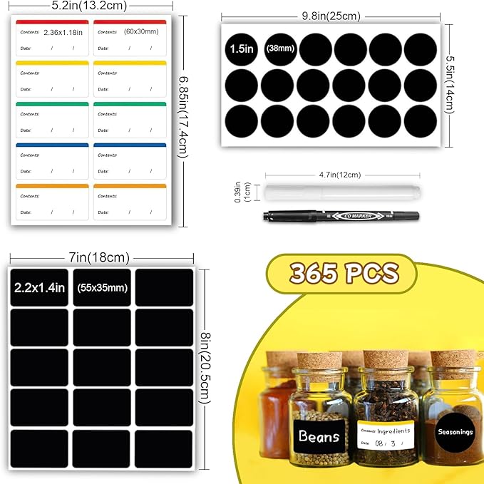 XQIGI 365 PCS Removable Food Labels with 2 Markers, 100 Freezer Easy Peel Off Color Coding Frozen Holders Sticker, 165 Chalkboard Label Waterproof Reusable Blackboard Stickers