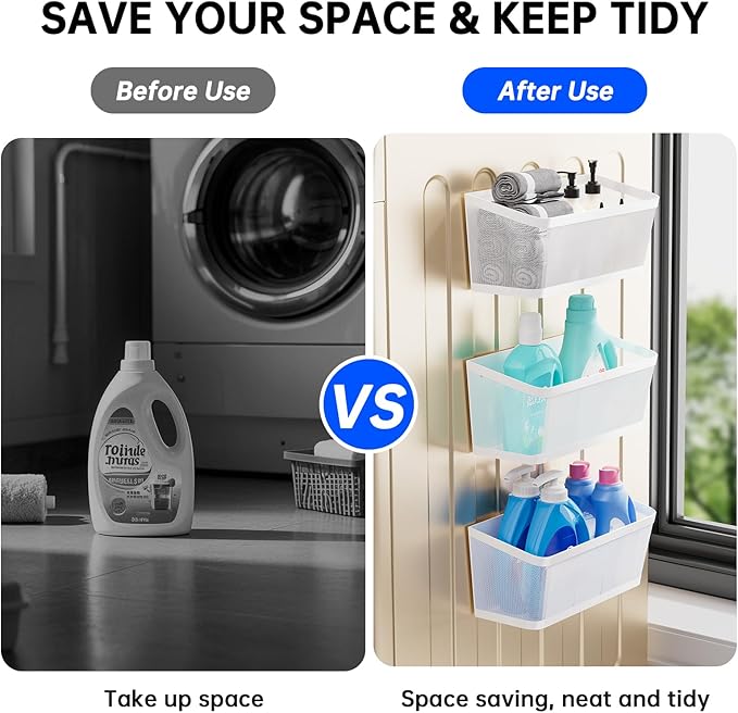 2-Pack Magnetic Shelves for Washing Machine, Heavy Duty Mesh Magnet Basket Organizer for Laundry Room Organization, Multi Metal Storage Shelf and Refrigerator Spice Rack Holder (White, Large)