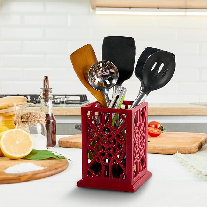 jogreful Utensil Holder, Cast Iron Kitchen Utensil Crock for Countertop, Extra Large Utensil Organizer with Weighted-Base, Housewarming Vintage Decor, Flower Pattern, Red