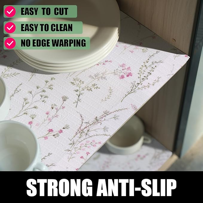 Amiitay Floral Drawer and Shelf Liner for Cabinets, Non-Adhesive and Strong Non-Slip Flower Shelf Cabinet Drawer Liners for Kitchen,Table,Bookshelves,Waterproof Cupboard Liners,12IN x 10FT