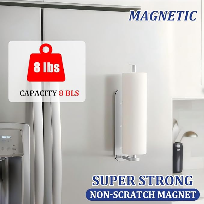 Magnetic Paper Towel Holder for Fridge-Great Adhesive Magnetic,One Hand Operable Paper Towel Holder,No Drill Wall Mount Hanging for RV Kitchen (Silver)