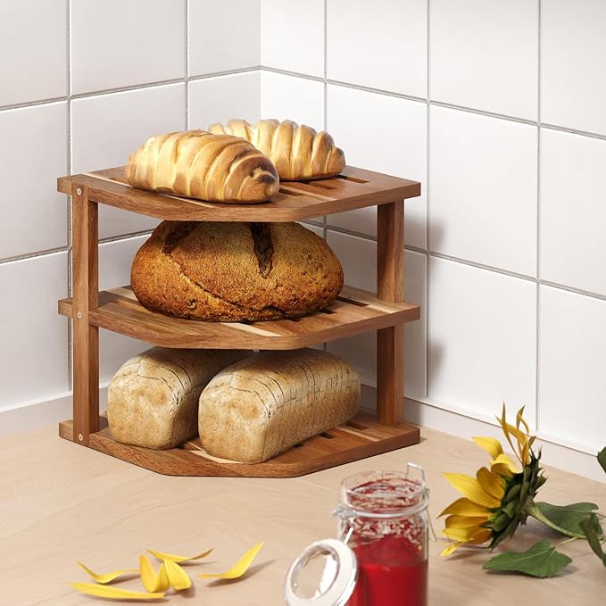 3 Tier Acacia Wood Corner Shelf,Dish Drying Rack,Plate Organizer,Kitchen Spice Rack for Countertop and Cabinet,Pantry Organization and Storage