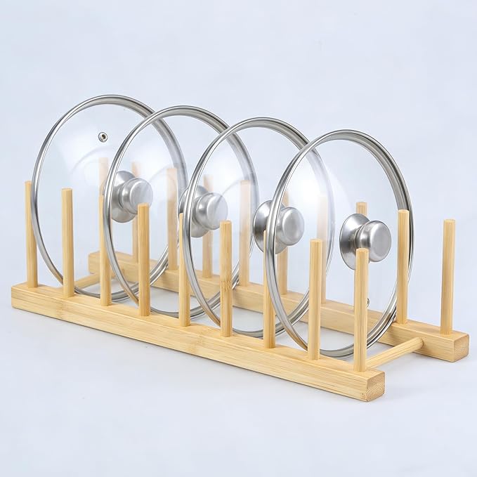 6 Pack Bamboo Dish Dying Rack 8-Slot Wooden Plate Stand Holder Pot Lid Organizer Home Kitchen Cabinet Drainer Storage Racks for Dish, Pots, Lids, Bowls, Cups, Cutting Boards, Books