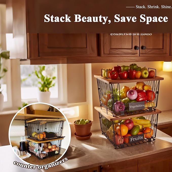 【XXL Big Size】1 Pack Stackable Wire Storage Baskets with Wood Lid- Pantry Cabinet Organization, Kitchen Counter Basket for Fruit Vegetable -Large Metal Bin for Pantry Organization and Storage, Black