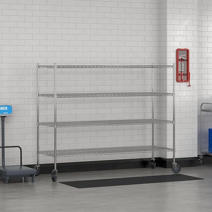 Commercial NSF Listed Chrome Mobile Wire Shelving Kit 24" x 72" x 60", with 4 Shelves Perfect for Warehouse, Walk-in Refrigerator, Freezer, Grocery Store, Restaurant, Dishroom