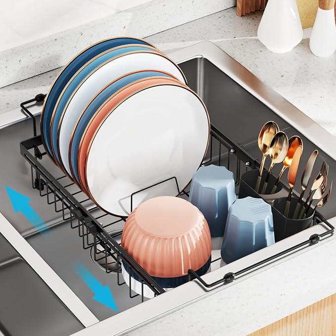 iSPECLE Expandable Dish Drying Rack for Kitchen Sink - Rust Resistant Adjustable Over The Sink Dish Drainer with Secure Locking Knob, 90° Anti-Slip L-Handles, 12.8" W x 12.4"-17.1" L, Black