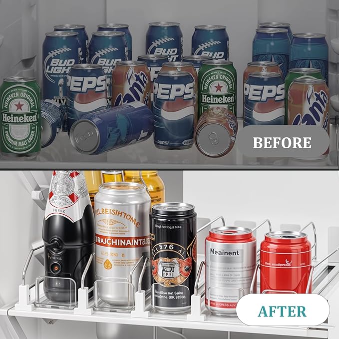 Drink Organizer for Fridge, Soda Can Organizer Dispenser for Refrigerator with Automatic Pusher Glided, Width Adjustable Clear Dividers Can Holder for 6-20oz Beverage, 15''D x15.4''W, 5 Rows