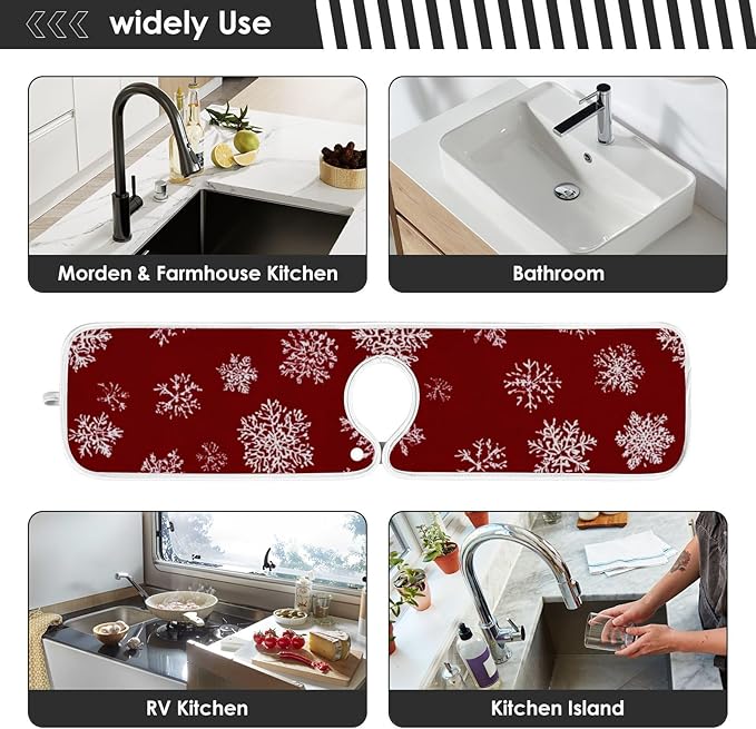 2 PCS Kitchen Sink Splash Guard 23.6 Inch Faucet Mat for Kitchen Sink Bathroom Sink Faucet Absorbing Drip Drain Mat Pad Microfiber Soft Washable Red Christmas Gingerbread Snowflakes