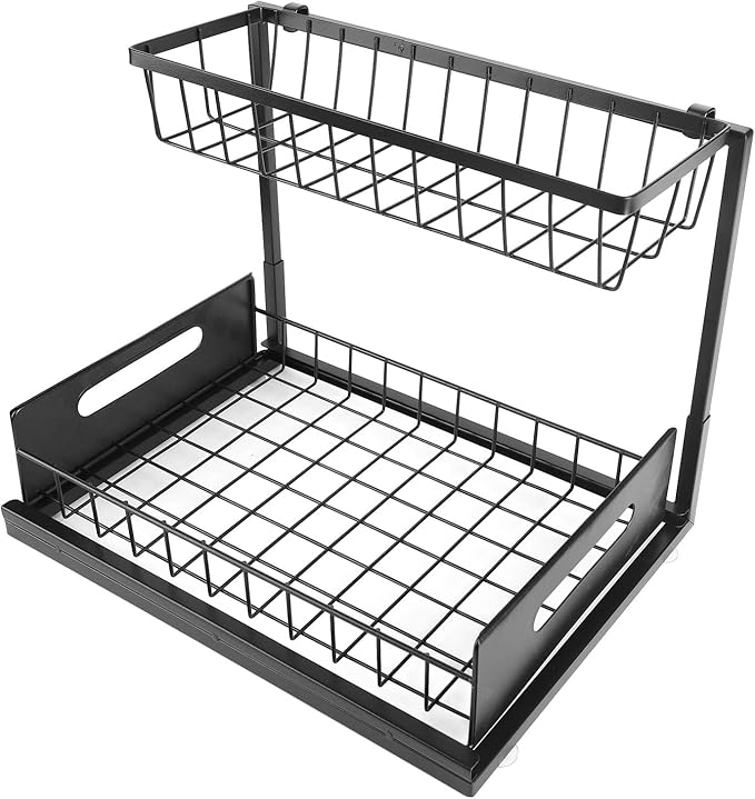 Under Sink Organizer L Shape 2 Tier Slide Out Sink Shelf, Under Sink Storage Organizer with Slide Out System, Carbon Steel Under Sink Shelf for Kitchen Bathroom, Includes