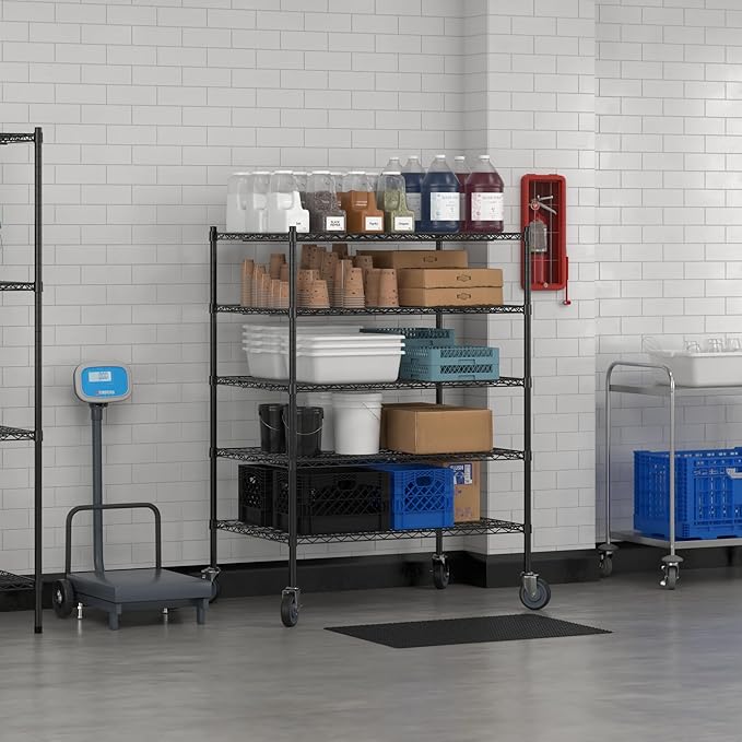 Commercial NSF Listed Black Epoxy Mobile Wire Shelving Kit 30" x 42" x 60", with 5 Shelves Perfect for Warehouse, Walk-in Refrigerator, Freezer, Grocery Store, Restaurant, Dishroom