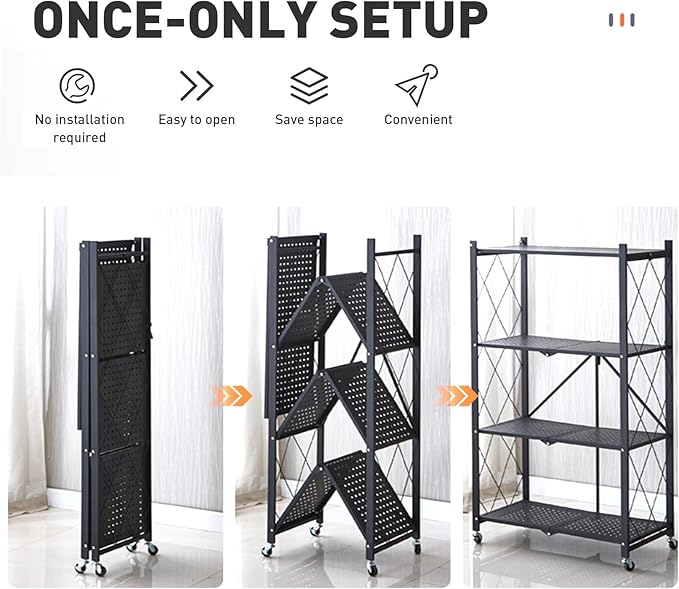 Foldable Storage Shelves with Wheels, Folding Shelving Units Storage, Heavy Duty Metal Collapsible Shelf No Assembly, Large Capacity Pop-Up Organizer for Garage,Kitchen,Living Room, 4-Tier Black