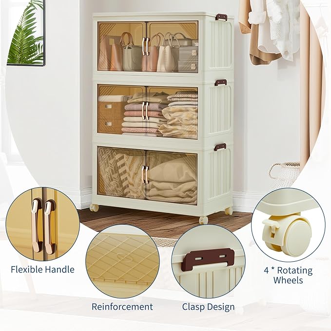 GarveeHome 285QT Stackable Storage Bins, Folding Storage Box with Magnetic Doors & Wheels, Loset Organizers and Storage with Lids, Collapsible Plastic Drawers for Bedroom Kitchen Office, White