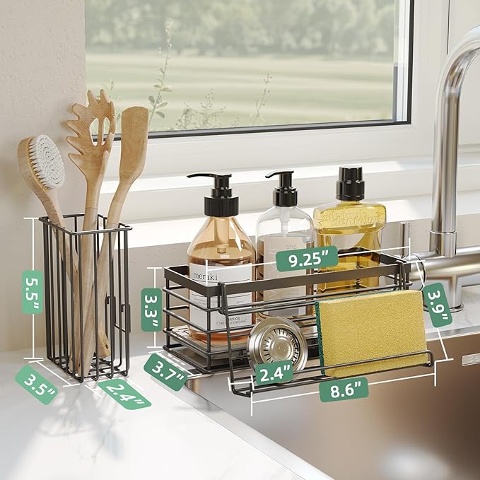 Sponge Holder for Kitchen Sink, Sink Caddy with Instant Drying Mat & Hook, Rustproof Waterproof Stainless Steel Kitchen Organizer, Soap Dispenser Storage (Black, 9.25"x3.7"x5.5")