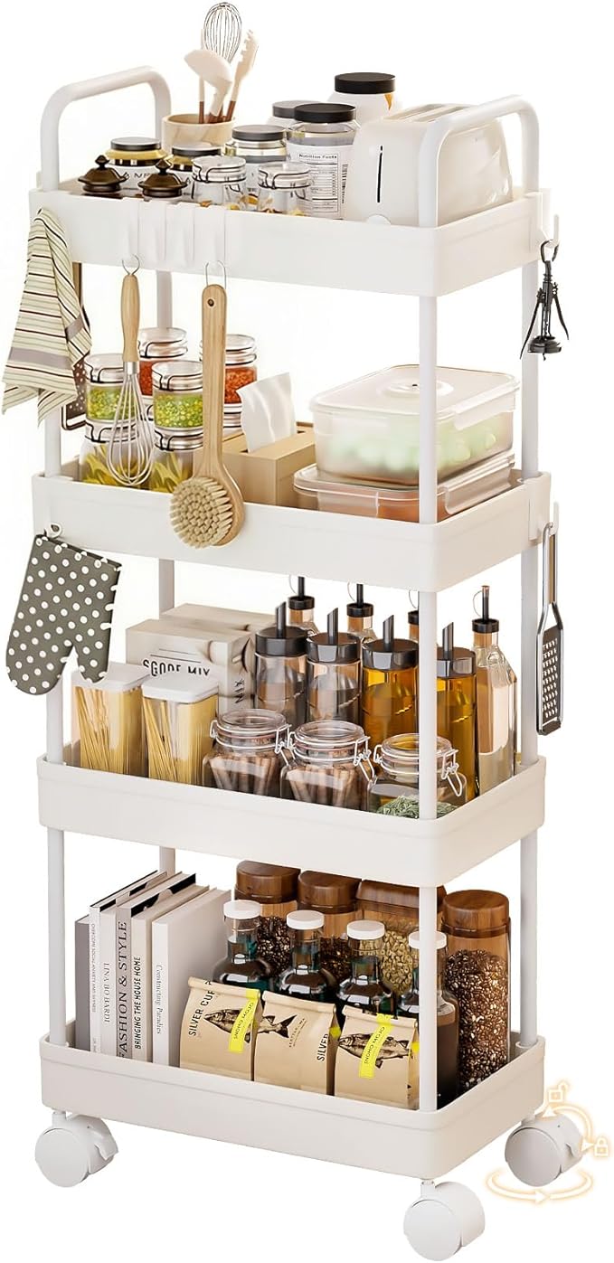 Homde Slim Rolling Cart for Kitchen: 4-Tier Space-Saving Narrow Floor Organizer - 37.4in Tall Vertical Storage for Bottles & Jars - Locking Wheels 8 Hooks for Hang & Grab