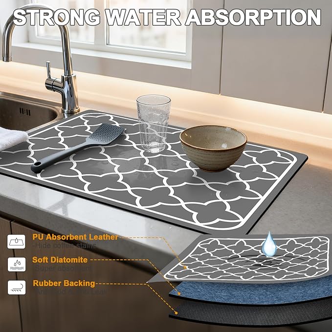 Dish Drying Mat & Coffee Mat for Kitchen Counter, Absorbent Microfiber Waterproof Mat with Non-Slip Backing, Multi-Size Multi-Color Options, Sink and Coffee Bar Accessories